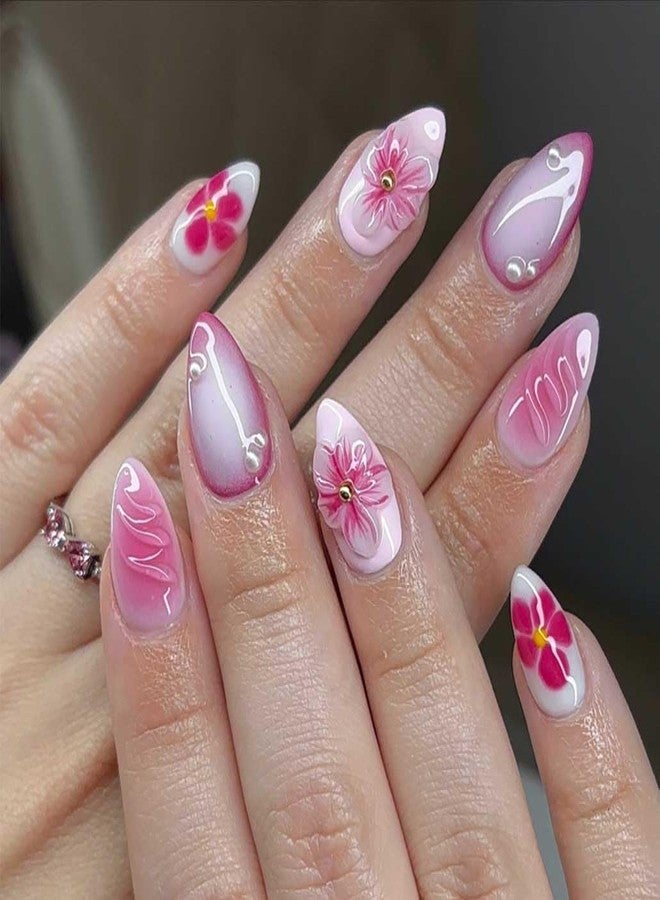 Foccna Almond Press on Nails Soft Gel Medium Nude Fake Nails French Glossy False Nail Tips Artificial Nails 3D Flower Clear,24pcs - Image 2